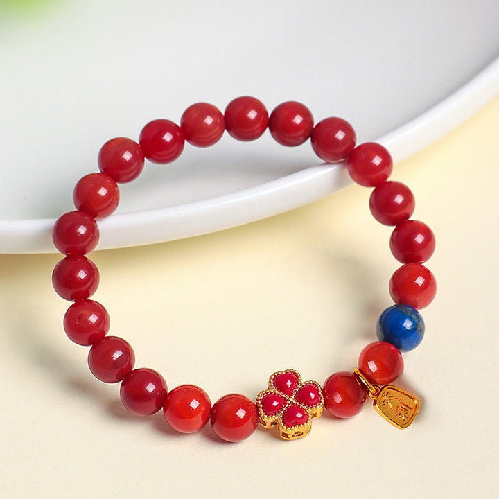 Pulsera de cuentas positivas con Buddha Stones de cuatro hojas, flor de calabaza, ágata roja del sur y ágata blanca - image 2