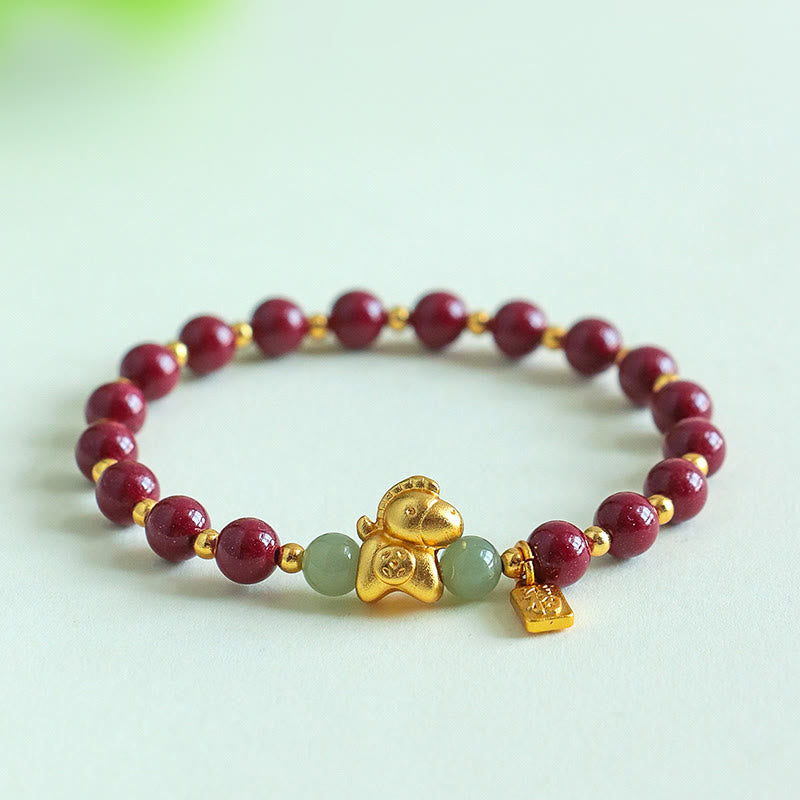 Pulsera de bendición de jade hetiano con cinabrio y carácter Fu del año del Caballo del zodíaco chino con Buddha Stones - image 0