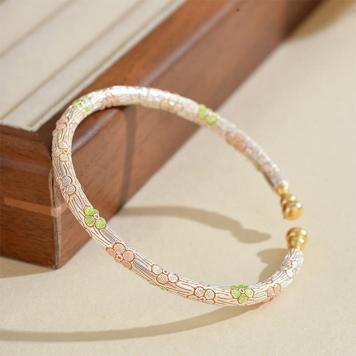 Pulsera de la suerte abierta con flores esmaltadas de cobre y Buddha Stones - Cobre y latón (circunferencia de la muñeca: 14-19 cm) - image 0