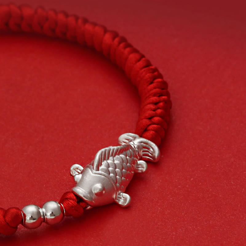 Buddha Stones Pulsera de la suerte con diseño de pez koi de plata de ley 999 y cuentas de plata de ley 990 con cordón rojo - image 5