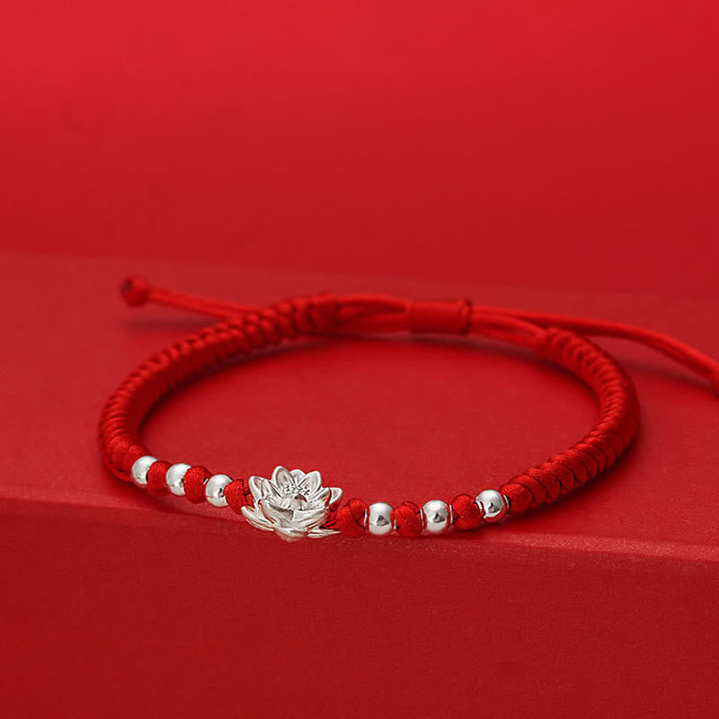 Pulsera de la suerte con cuentas de hilo rojo y símbolo de loto en plata de ley 999 y Buddha Stones . - image 1