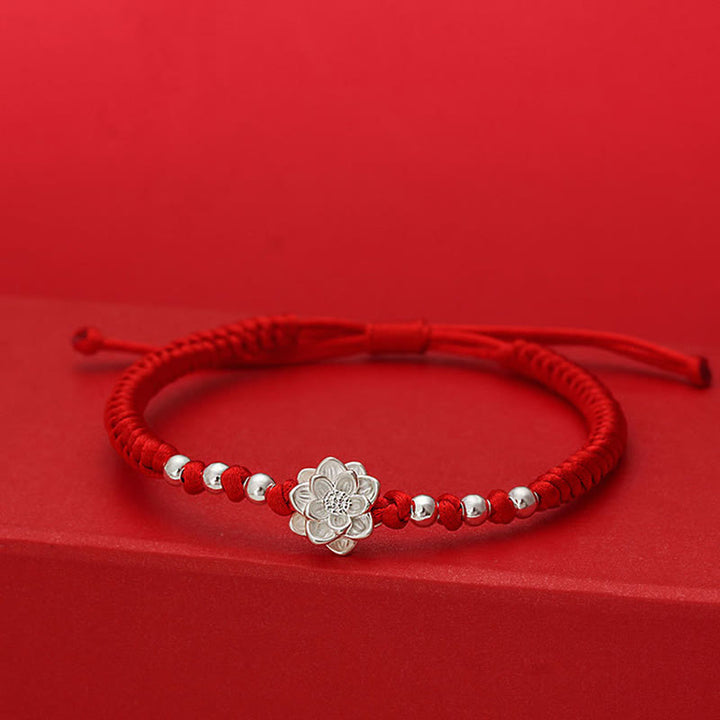 Pulsera de la suerte con cuentas de hilo rojo y símbolo de loto en plata de ley 999 y Buddha Stones . - Cuerda roja (circunferencia de la muñeca: 19-20 cm) - image 0