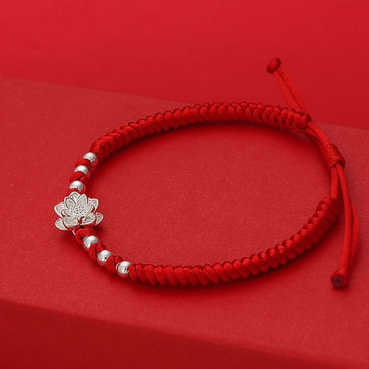 Pulsera de la suerte con cuentas de hilo rojo y símbolo de loto en plata de ley 999 y Buddha Stones . - image 5