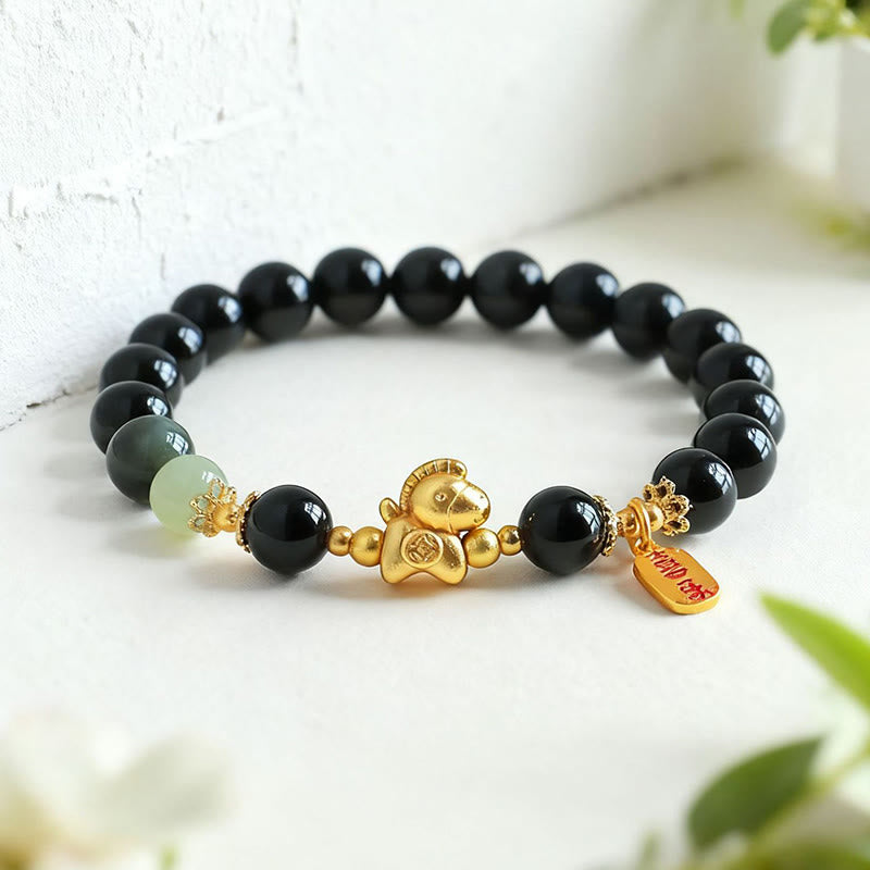Pulsera de fuerza con Buddha Stones, jade hetiano, obsidiana negra y ágata roja, del Año del Caballo - image 2