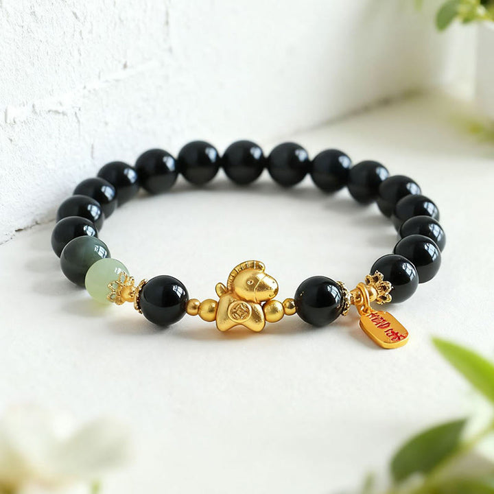 Pulsera de fuerza con Buddha Stones, jade hetiano, obsidiana negra y ágata roja, del Año del Caballo - image 2
