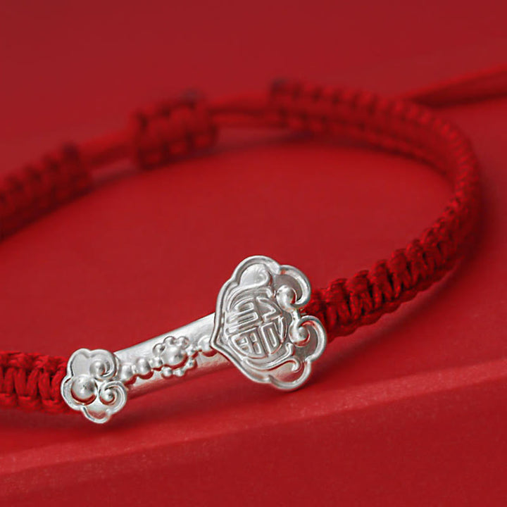 Pulsera trenzada con hilo rojo de la suerte y símbolo de Ruyi Fu en plata de ley 999 con Buddha Stones - image 5