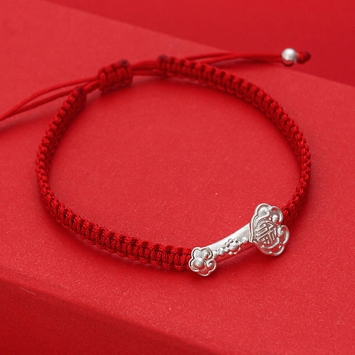 Pulsera trenzada con hilo rojo de la suerte y símbolo de Ruyi Fu en plata de ley 999 con Buddha Stones - image 3