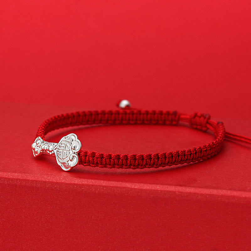 Pulsera trenzada con hilo rojo de la suerte y símbolo de Ruyi Fu en plata de ley 999 con Buddha Stones - image 1