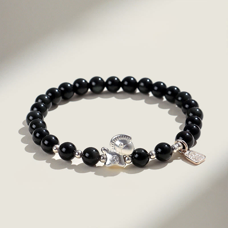 Pulsera de plata con Buddha Stones, año del caballo, obsidiana negra, ágata roja y cristal rosa. - Obsidiana negra (circunferencia de la muñeca: 14-15 cm) - image 0