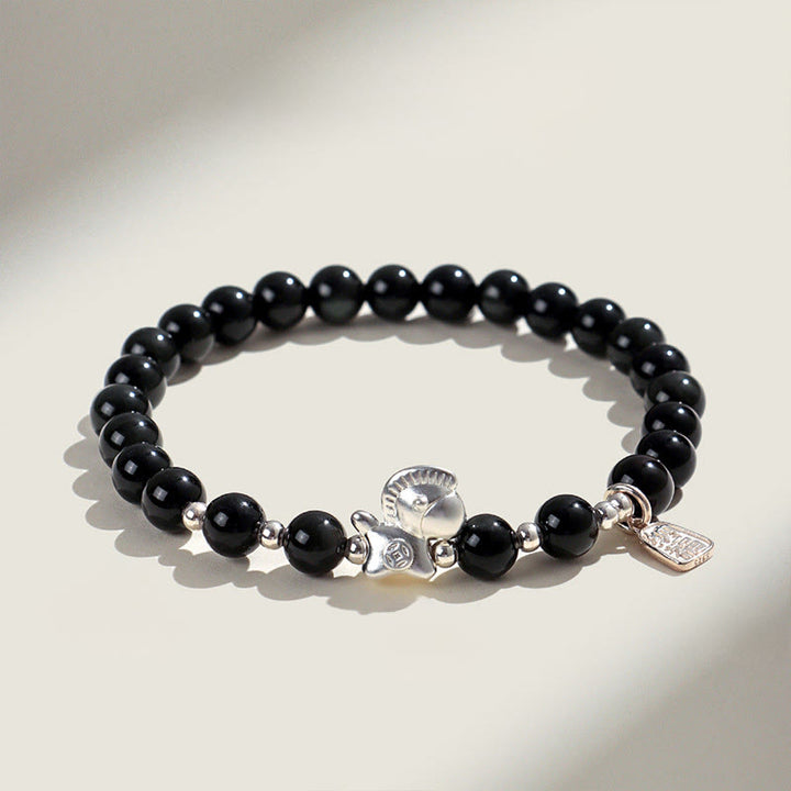 Pulsera de plata con Buddha Stones, año del caballo, obsidiana negra, ágata roja y cristal rosa. - Obsidiana negra (circunferencia de la muñeca: 14-15 cm) - image 0