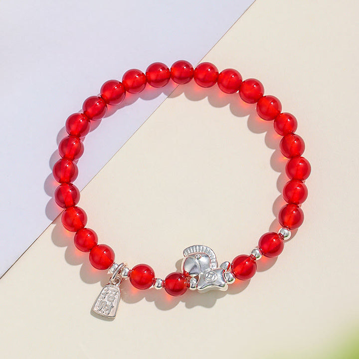 Pulsera de plata con Buddha Stones, año del caballo, obsidiana negra, ágata roja y cristal rosa. - image 5