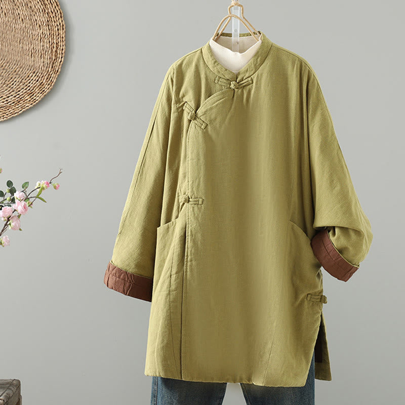 Abrigo de algodón de largo medio con botones de rana y bolsillos para mujer de Buddha Stones Winter - AmarilloVerde - US14，UK/AU18，EU46 (2XL) - image 0