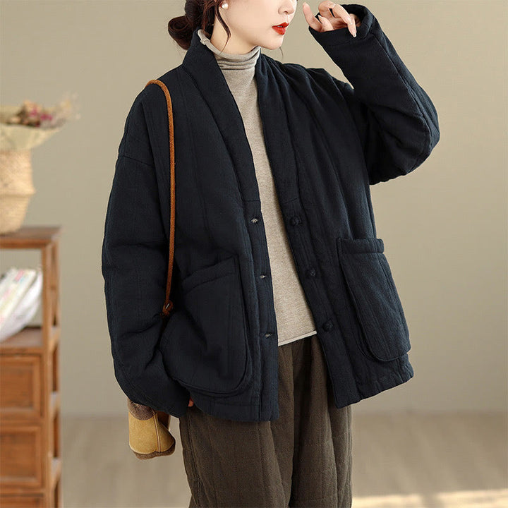 Chaqueta térmica de algodón de manga larga para mujer con bolsillos de Buddha Stones Winter Solid - Negro - US12, UK/AU16, EU44 (2XL) - image 16