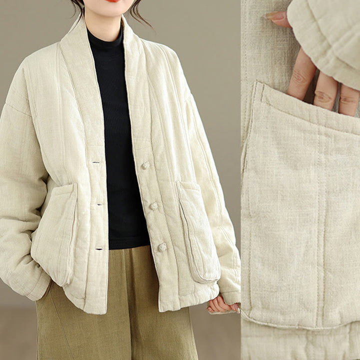 Chaqueta térmica de algodón de manga larga para mujer con bolsillos de Buddha Stones Winter Solid - image 7