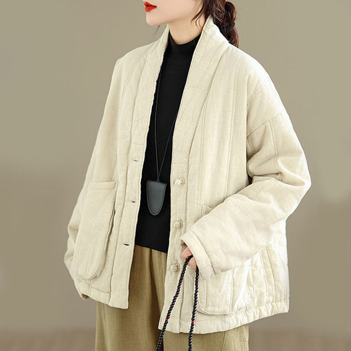 Chaqueta térmica de algodón de manga larga para mujer con bolsillos de Buddha Stones Winter Solid - Beige - US12, UK/AU16, EU44 (2XL) - image 0