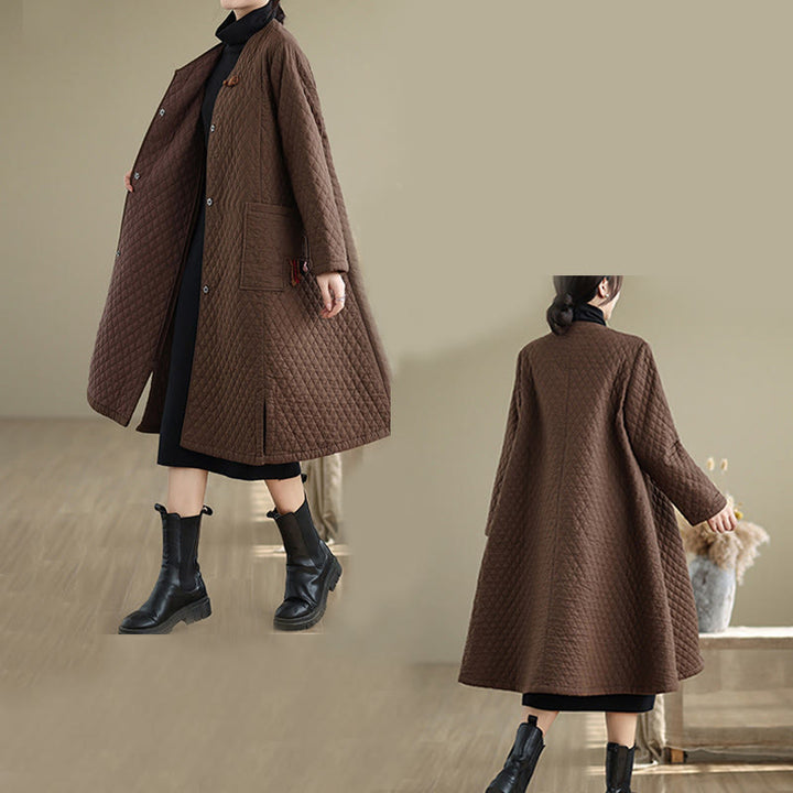 Abrigo de algodón para mujer de longitud media con estampado de diamantes y Buddha Stones y bolsillos - image 13