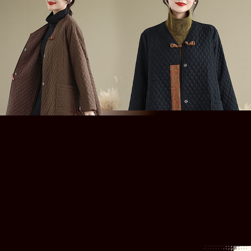 Abrigo de algodón para mujer de longitud media con estampado de diamantes y Buddha Stones y bolsillos - image 8