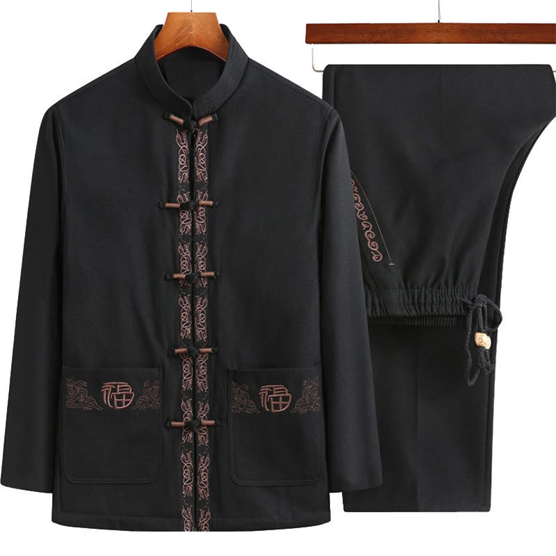 Traje Tang con bordado de personajes Fu de Buddha Stones y botones de rana para hombre, chaqueta de manga larga, camisa y pantalones - Chaqueta negra + pantalón negro - US/UK/AU44, EU54 (4XL) - image 0