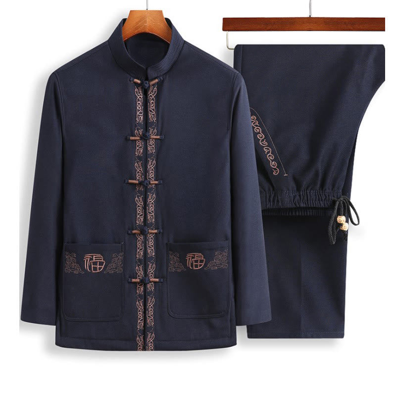 Chaqueta, camisa y pantalón de manga larga para hombre con bordado del personaje Fu de Buddha Stones y botones de rana. - Chaqueta azul acero + pantalones negros - US/UK/AU44, EU54 (4XL) - image 5