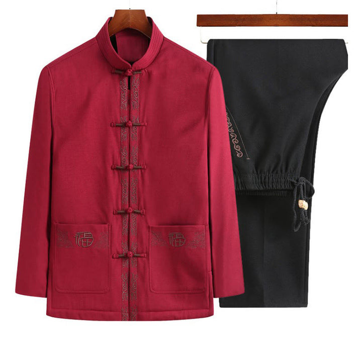 Traje Tang con bordado de personajes Fu de Buddha Stones y botones de rana para hombre, chaqueta de manga larga, camisa y pantalones - Chaqueta roja + pantalón negro - US/UK/AU44, EU54 (4XL) - image 7