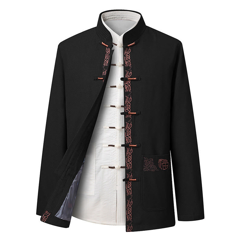 Traje Tang con bordado de personajes Fu de Buddha Stones y botones de rana para hombre, chaqueta de manga larga, camisa y pantalones - Chaqueta negra (solo chaqueta) - US/UK/AU44, EU54 (4XL) - image 8