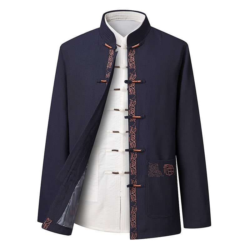 Traje Tang con bordado de personajes Fu de Buddha Stones y botones de rana para hombre, chaqueta de manga larga, camisa y pantalones - Chaqueta azul acero (solo chaqueta) - US/UK/AU44, EU54 (4XL) - image 9