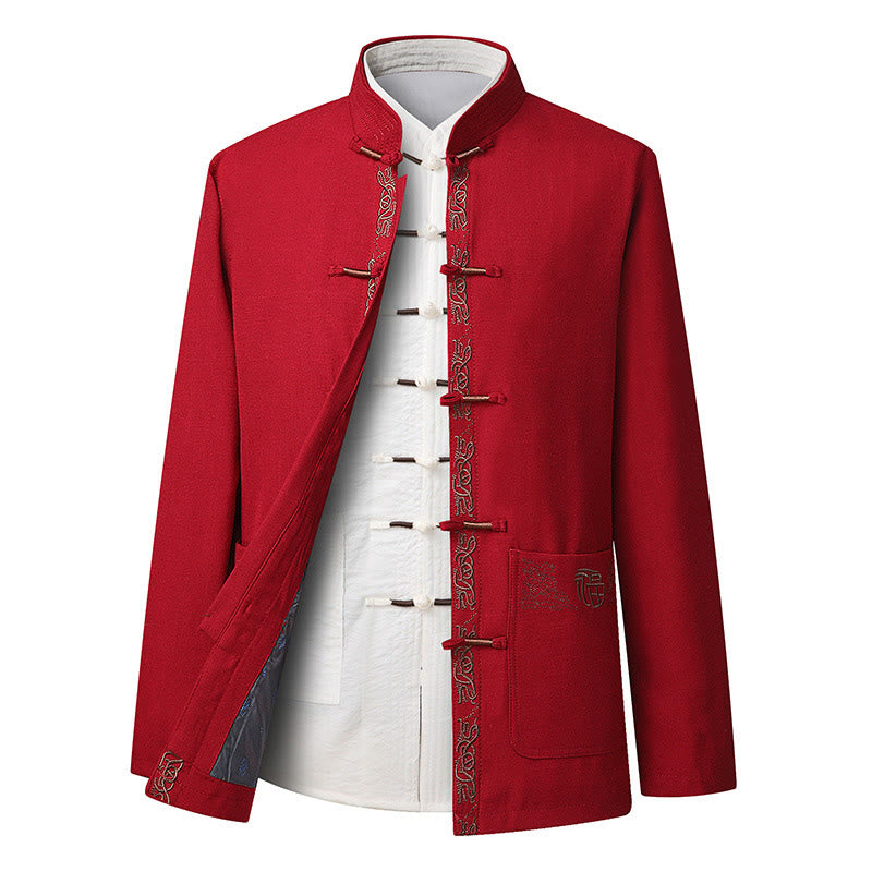 Traje Tang con bordado de personajes Fu de Buddha Stones y botones de rana para hombre, chaqueta de manga larga, camisa y pantalones - Chaqueta roja (solo chaqueta) - US/UK/AU44, EU54 (4XL) - image 10