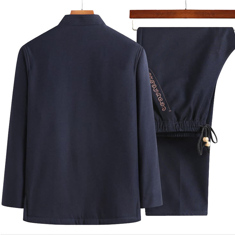 Traje Tang con bordado de personajes Fu de Buddha Stones y botones de rana para hombre, chaqueta de manga larga, camisa y pantalones - image 6