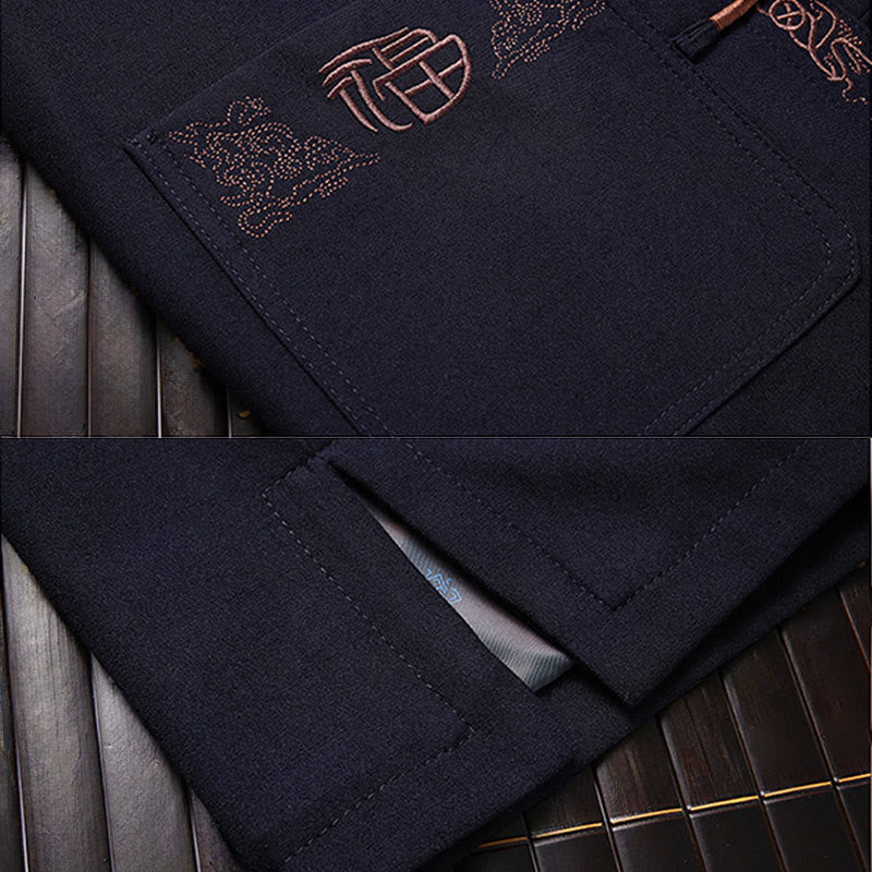 Traje Tang con bordado de personajes Fu de Buddha Stones y botones de rana para hombre, chaqueta de manga larga, camisa y pantalones - image 3