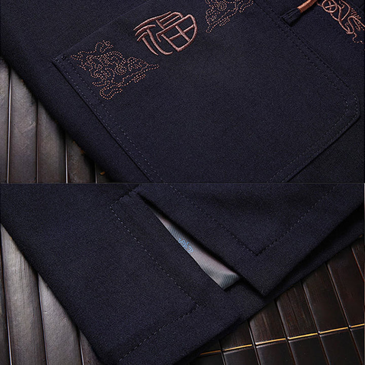 Traje Tang con bordado de personajes Fu de Buddha Stones y botones de rana para hombre, chaqueta de manga larga, camisa y pantalones - image 3