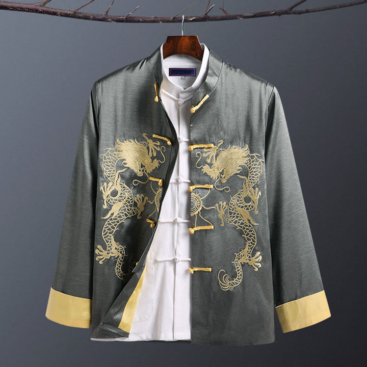 Chaqueta de manga larga para hombre con bordado de dragón y botones de rana de Buddha Stones para primavera y otoño - Doble Dragón Gris - US/UK/AU42, EU52 (3XL) - image 9