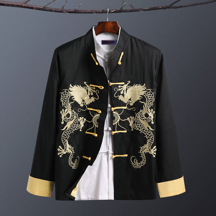 Chaqueta de manga larga para hombre con bordado de dragón y botones de rana de Buddha Stones para primavera y otoño - Doble Dragón Negro - US/UK/AU42, EU52 (3XL) - image 12