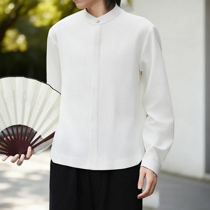 Camisa de lino y algodón de manga larga para hombre, estilo kimono de pana, color blanco liso, con estampado de Buddha Stones de otoño - image 2