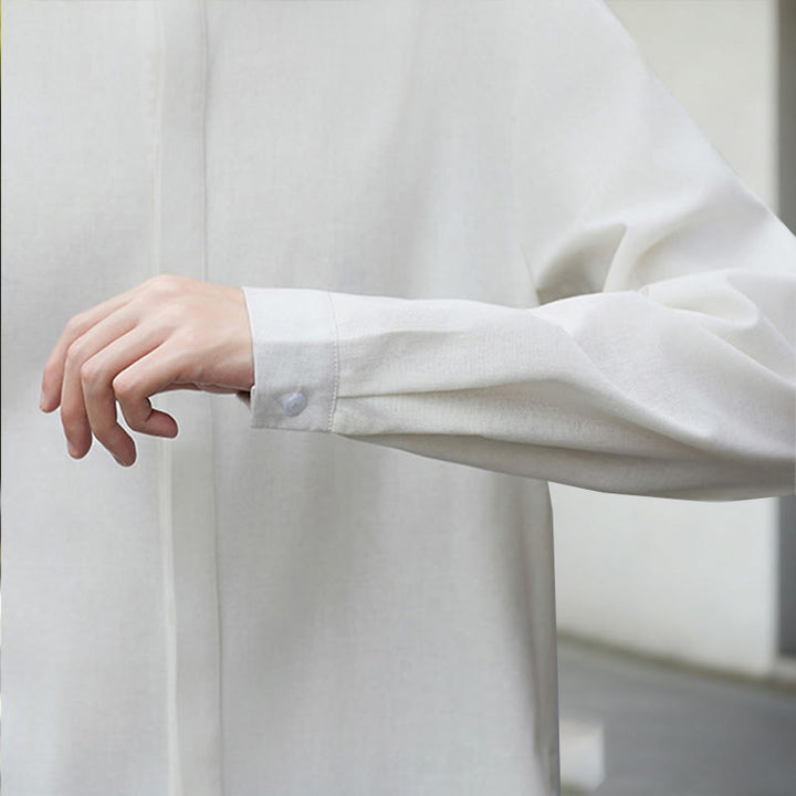 Camisa de lino y algodón de manga larga para hombre, estilo kimono de pana, color blanco liso, con estampado de Buddha Stones de otoño - image 9