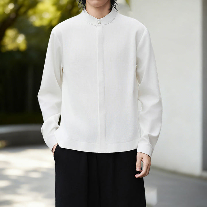 Camisa de manga larga de algodón y lino para hombre, color blanco liso, con estampado de Buddha Stones. - image 1