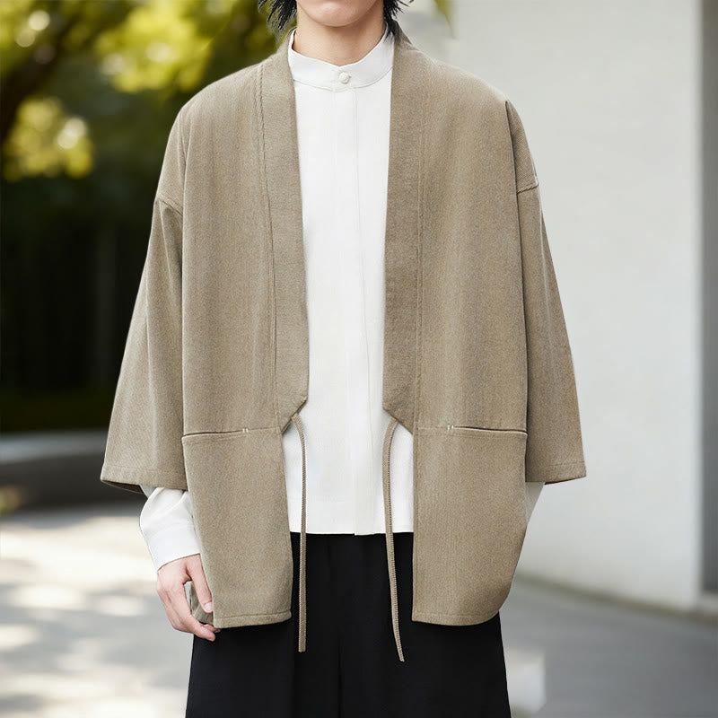 Chaqueta de pana de manga larga con abertura frontal y Buddha Stones, color liso, estilo kimono para hombre, camisa de lino y algodón - Kimono de trigo - US/UK/AU46, EU56 (5XL) - image 15