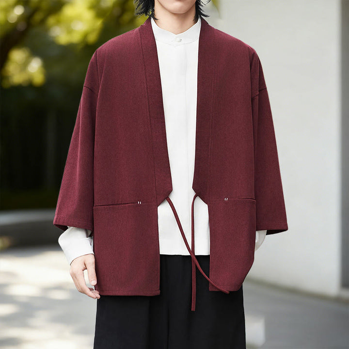 Chaqueta de pana de manga larga con abertura frontal y Buddha Stones, color liso, estilo kimono para hombre, camisa de lino y algodón - Kimono rojo oscuro - US/UK/AU46, EU56 (5XL) - image 7