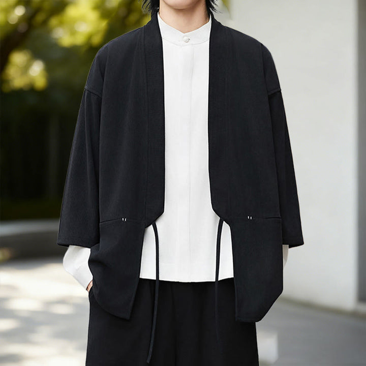 Chaqueta de pana de manga larga con abertura frontal y Buddha Stones, color liso, estilo kimono para hombre, camisa de lino y algodón - image 1