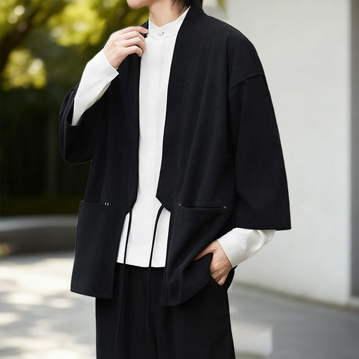 Chaqueta de pana de manga larga con abertura frontal y Buddha Stones, color liso, estilo kimono para hombre, camisa de lino y algodón - image 4