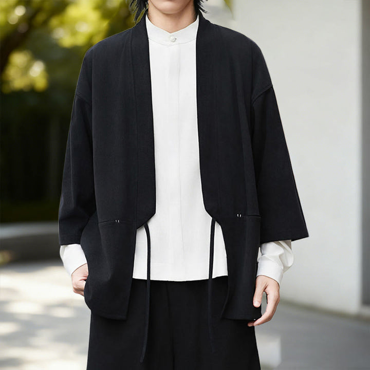 Chaqueta de pana de manga larga con abertura frontal y Buddha Stones, color liso, estilo kimono para hombre, camisa de lino y algodón - image 5