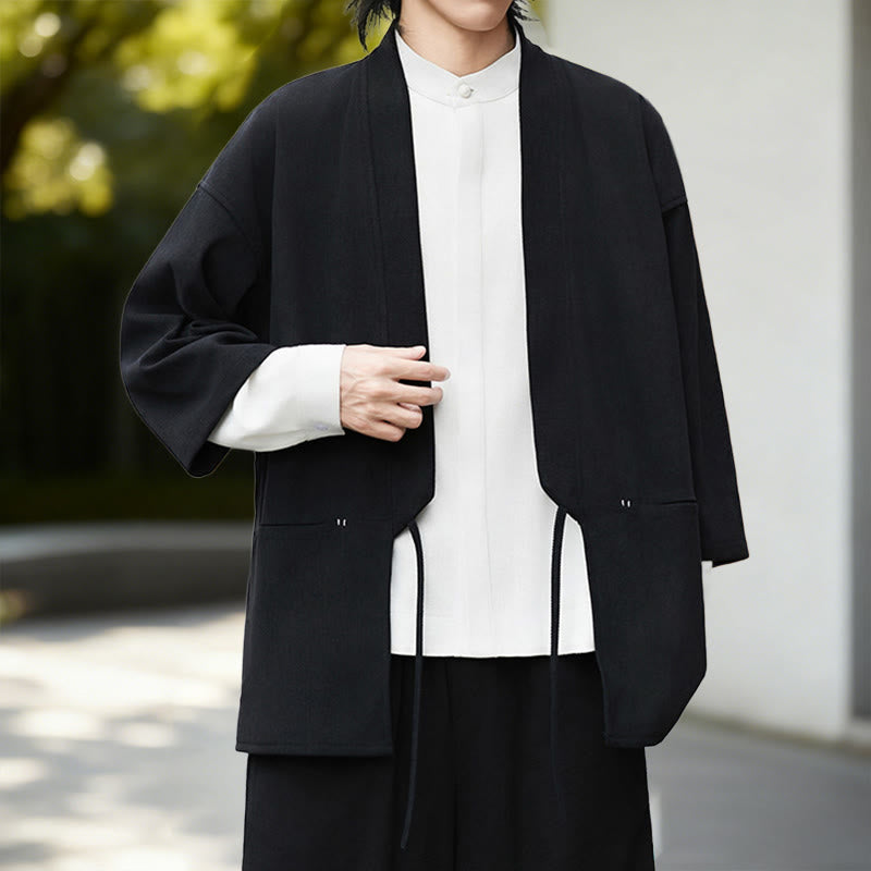 Chaqueta de pana de manga larga con abertura frontal y Buddha Stones, color liso, estilo kimono para hombre, camisa de lino y algodón - image 3