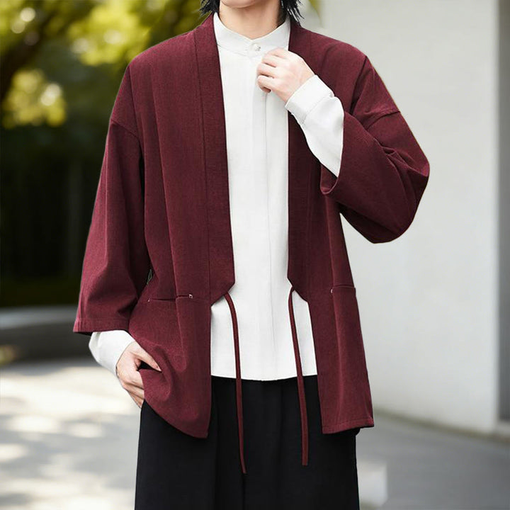 Chaqueta de pana de manga larga con abertura frontal y Buddha Stones, color liso, estilo kimono para hombre, camisa de lino y algodón - image 8