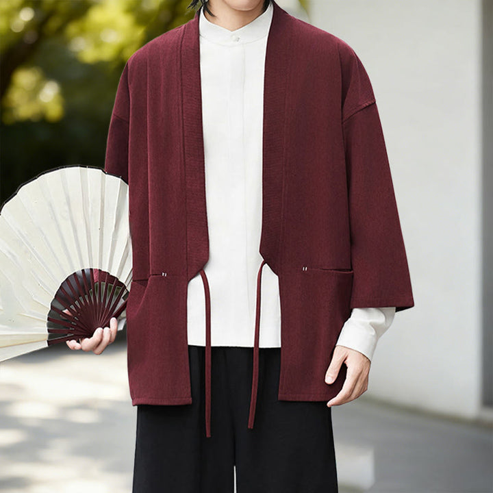 Chaqueta de pana de manga larga con abertura frontal y Buddha Stones, color liso, estilo kimono para hombre, camisa de lino y algodón - image 12