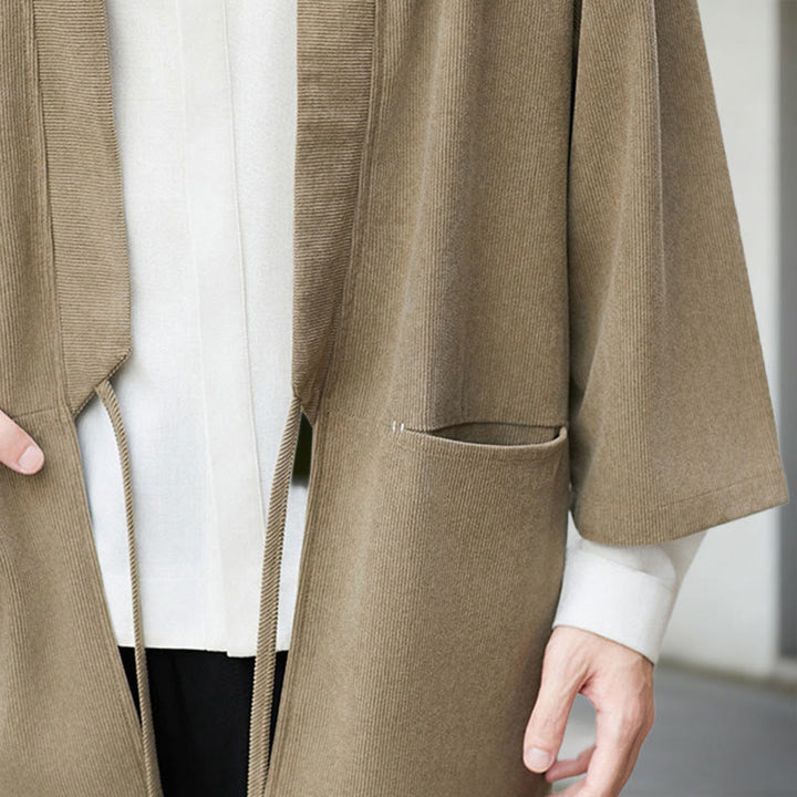 Chaqueta de pana de manga larga con abertura frontal y Buddha Stones, color liso, estilo kimono para hombre, camisa de lino y algodón - image 22