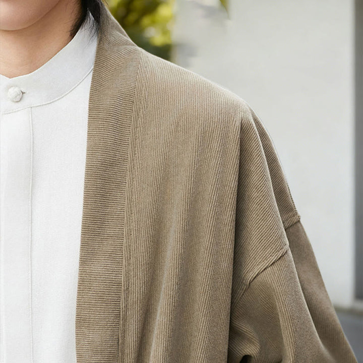 Chaqueta de pana de manga larga con abertura frontal y Buddha Stones, color liso, estilo kimono para hombre, camisa de lino y algodón - image 21