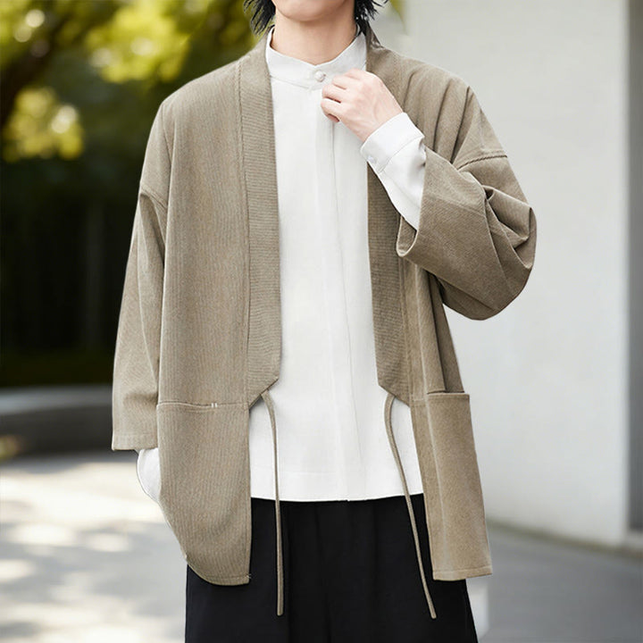 Chaqueta de pana de manga larga con abertura frontal y Buddha Stones, color liso, estilo kimono para hombre, camisa de lino y algodón - image 17