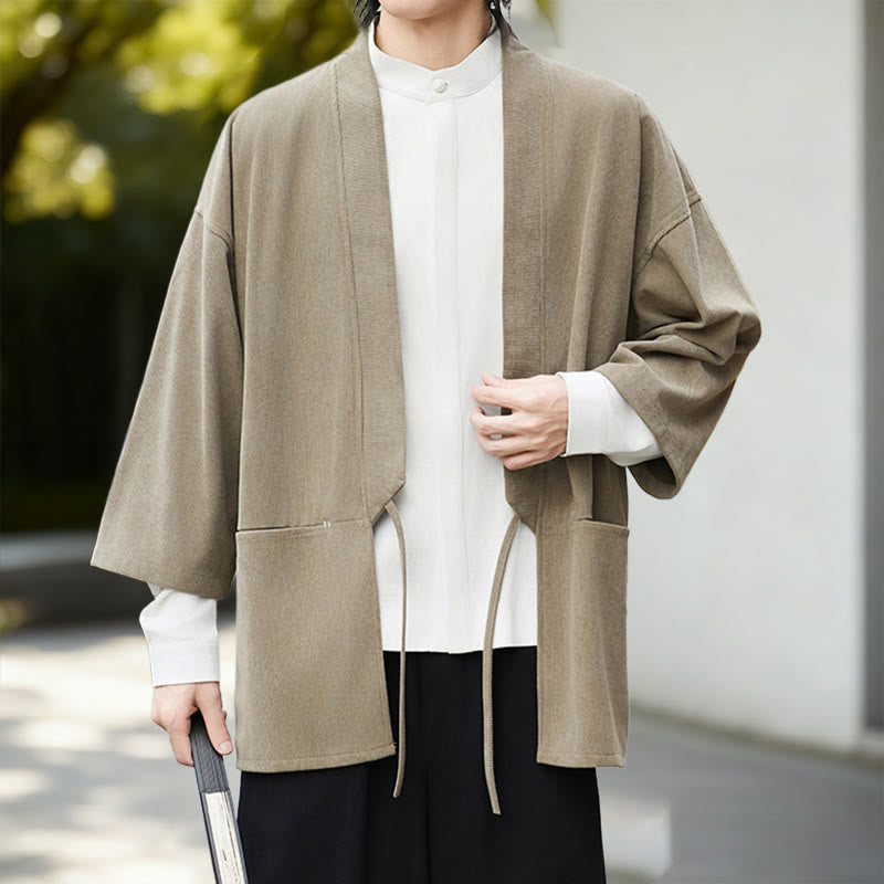 Chaqueta de pana de manga larga con abertura frontal y Buddha Stones, color liso, estilo kimono para hombre, camisa de lino y algodón - image 19