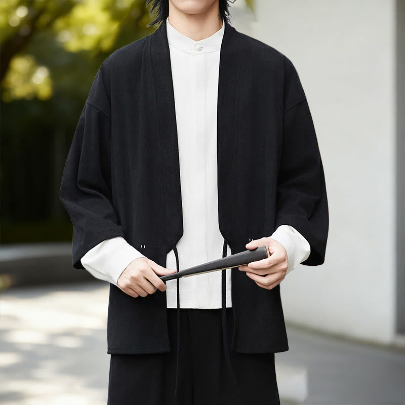 Camisa de lino y algodón de manga larga para hombre, estilo kimono de pana, color blanco liso, con estampado de Buddha Stones de otoño - Kimono negro - US/UK/AU46, EU56 (5XL) - image 10