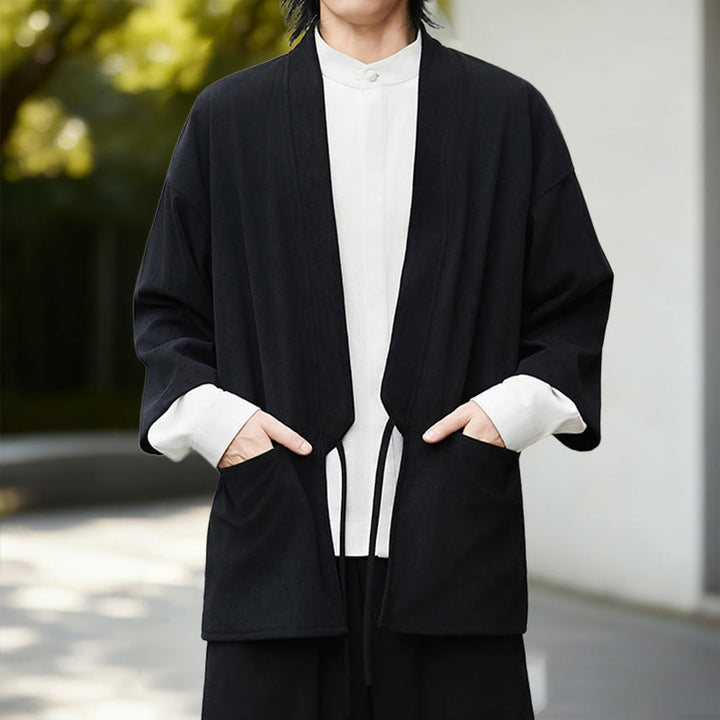 Camisa de lino y algodón de manga larga para hombre, estilo kimono de pana, color blanco liso, con estampado de Buddha Stones de otoño - image 11