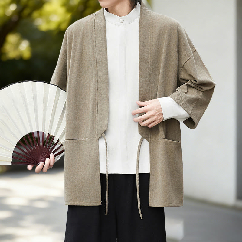 Camisa de lino y algodón de manga larga para hombre, estilo kimono de pana, color blanco liso, con estampado de Buddha Stones de otoño - image 15
